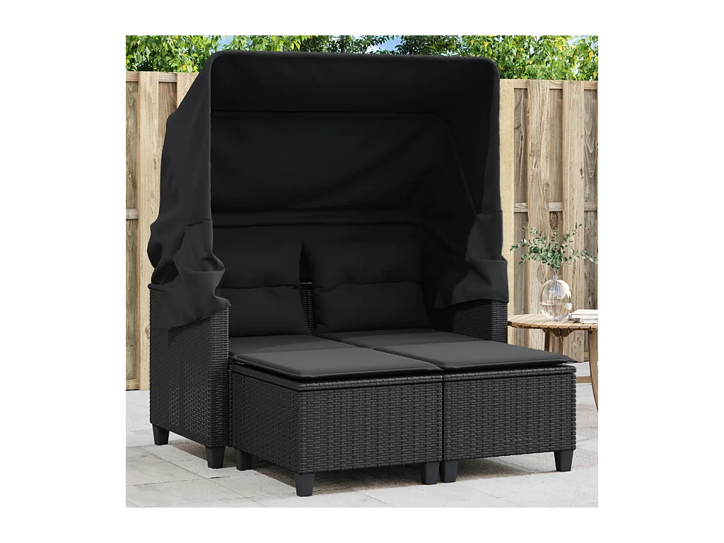 Divano da giardino a 2 posti con baldacchino e sgabelli in rattan nero