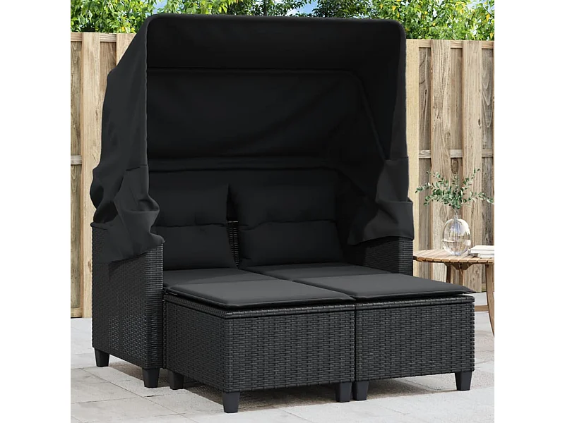 Canapé de jardin 2 places avec auvent et tabourets noir rotin