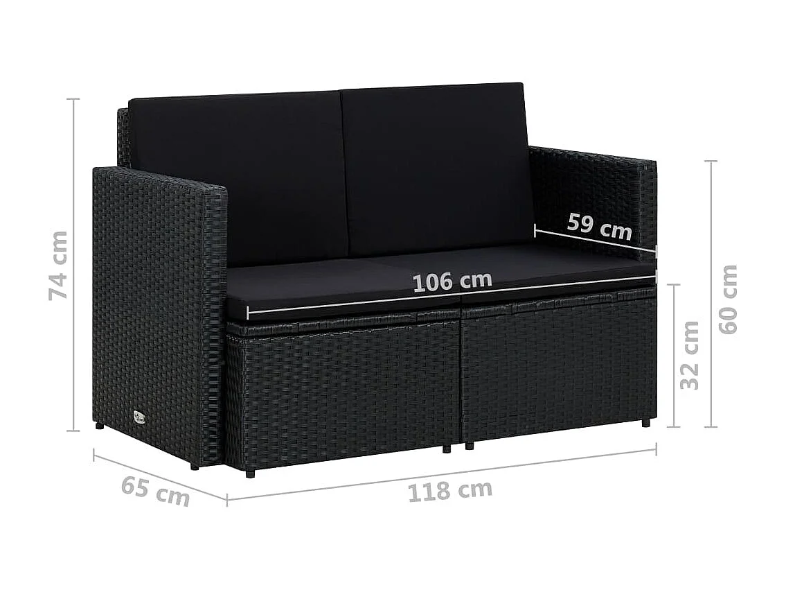 2-Sitzer-Gartensofa mit Kissen aus schwarzem Kunstharzgeflecht