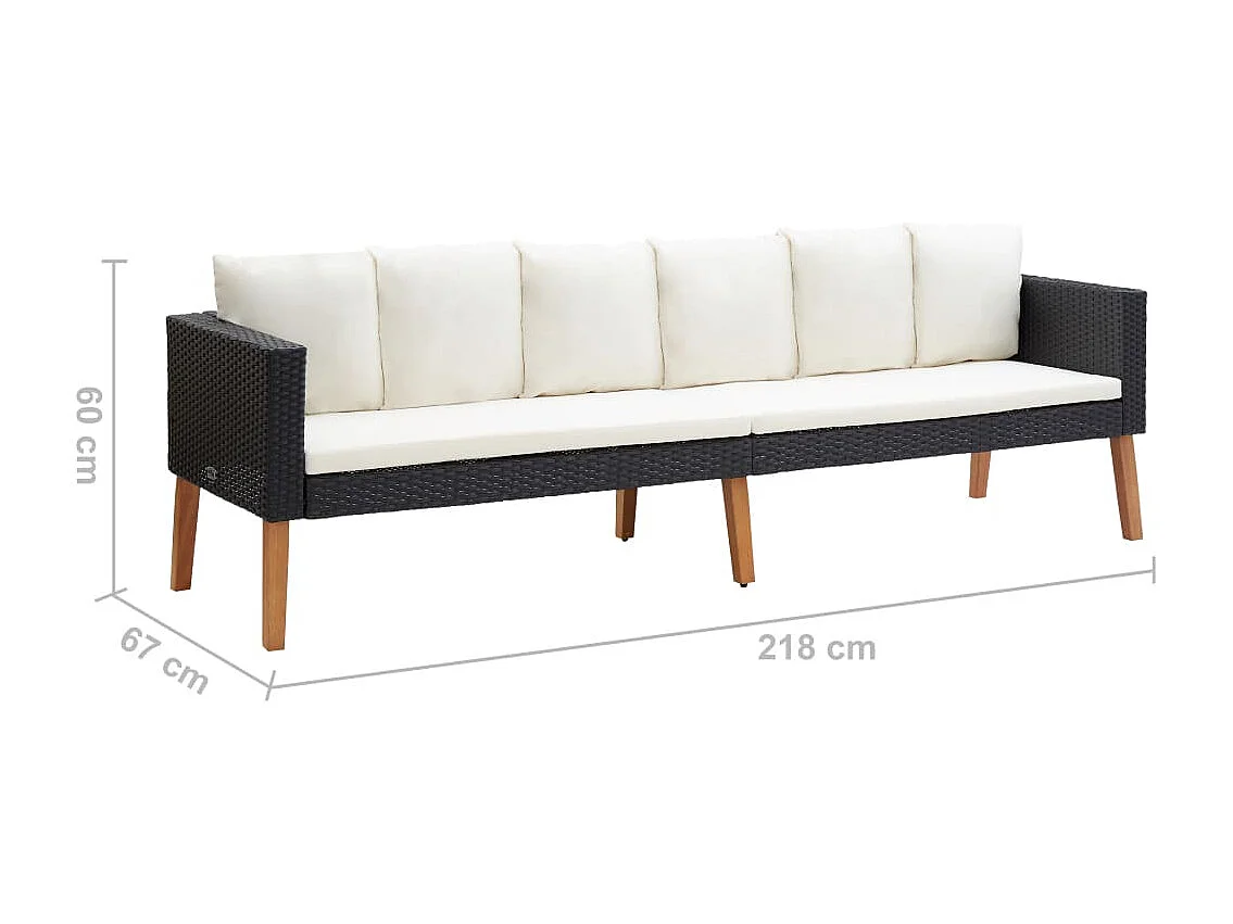 Divano da giardino a 3 posti con cuscini In vimini resinato Nero