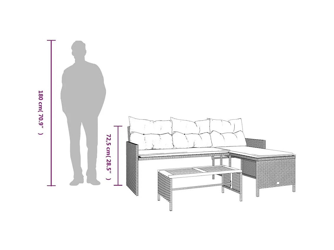 Canapé de jardin avec table et coussins en forme de L gris