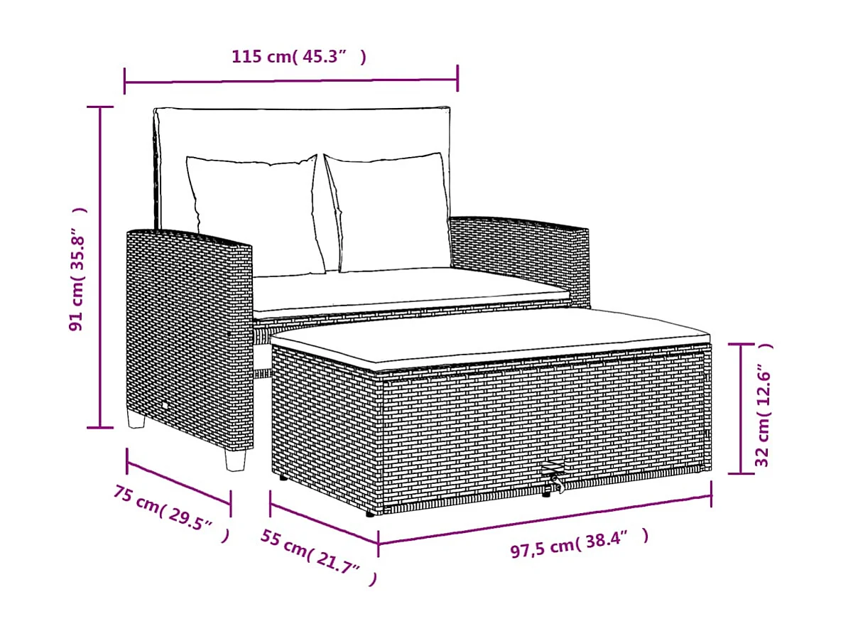 Gartensofa mit 2-Sitzer-Kissen aus braunem Kunstharzgeflecht