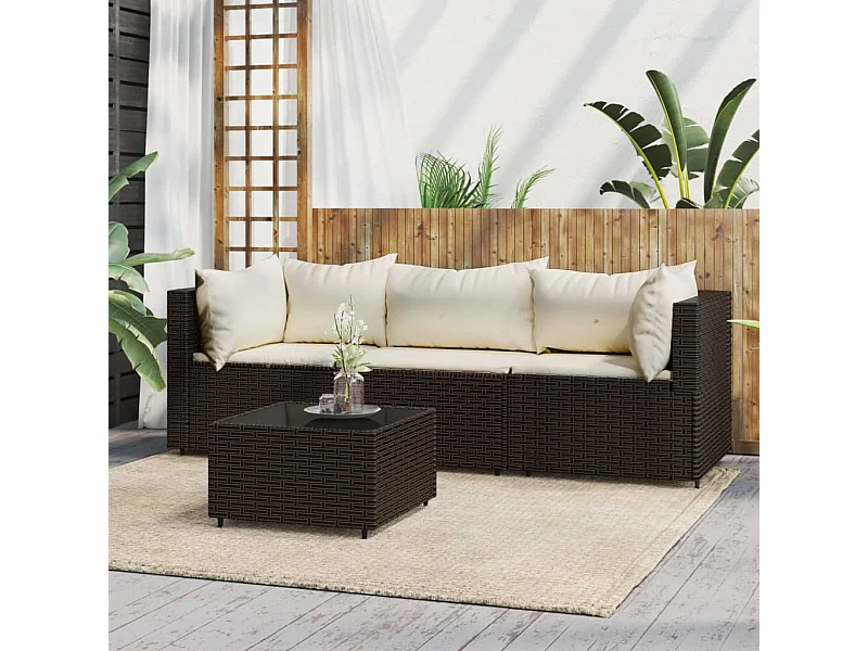 Salon de jardin 4 pcs avec coussins Marron Résine tressée