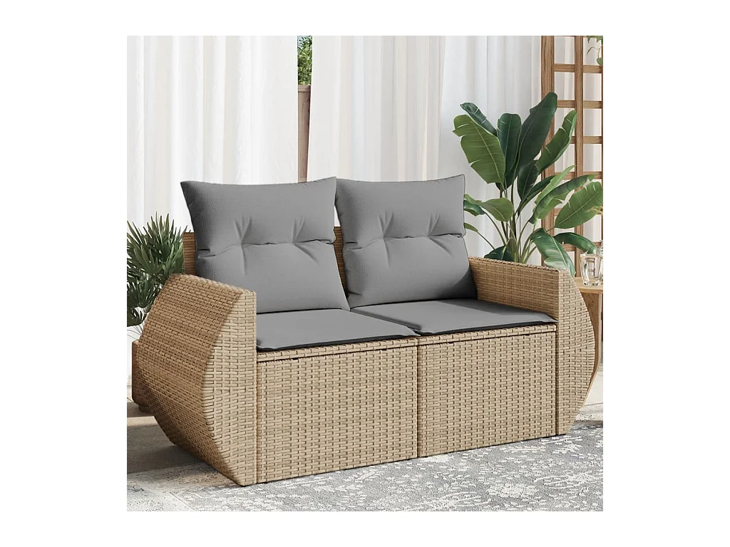 Gartensofa mit 2-Sitzer-Kissen aus beigem Kunstharzgeflecht
