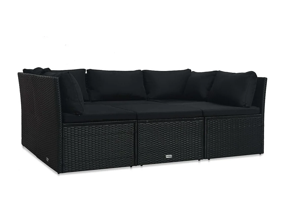 Salon de jardin 4 pcs avec coussins Résine tressée Noir