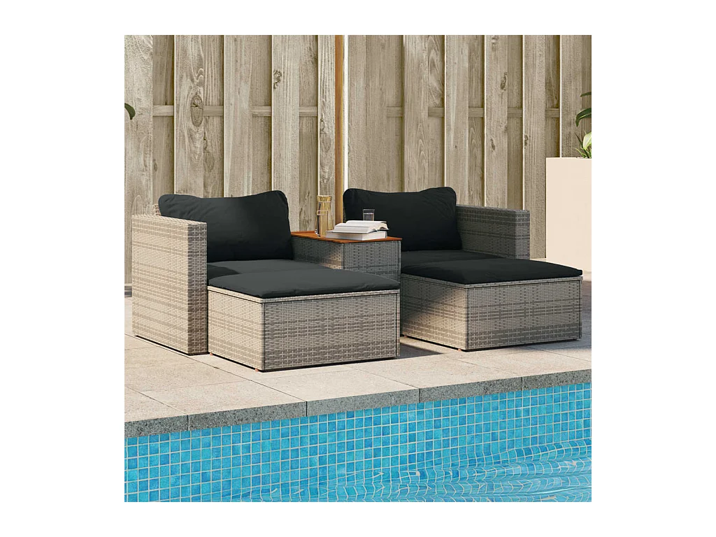 Salon de jardin 5 pcs avec coussins gris résine tressée acacia