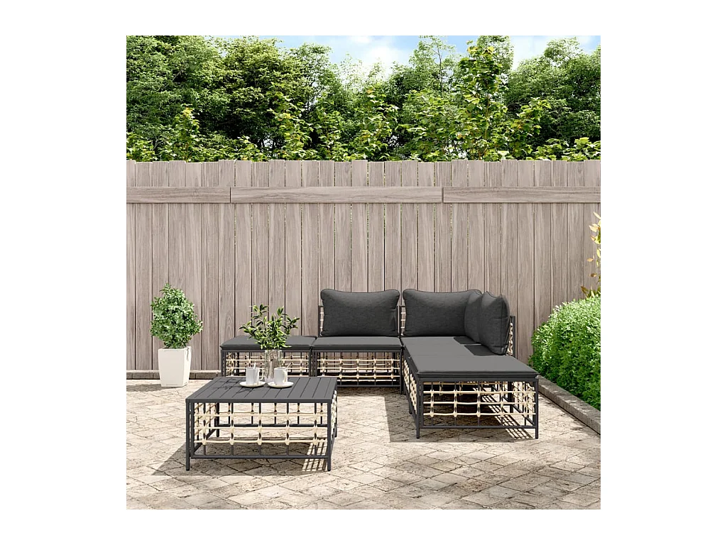 Salon de jardin 6 pcs avec coussins anthracite résine tressée