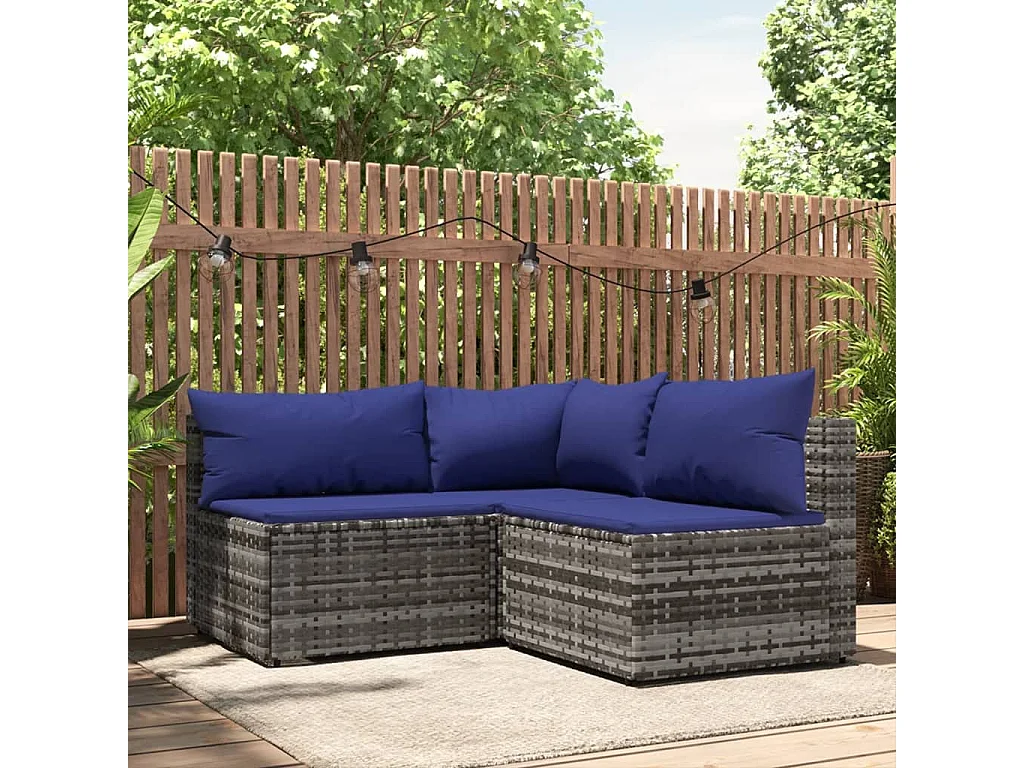Salon de jardin 3 pcs avec coussins Gris Résine tressée