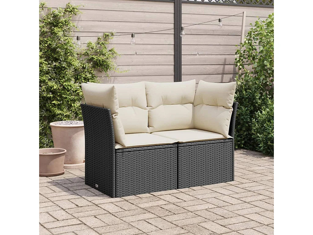 Gartensofa mit 2-Sitzer-Kissen, schwarzes Kunstharzgeflecht
