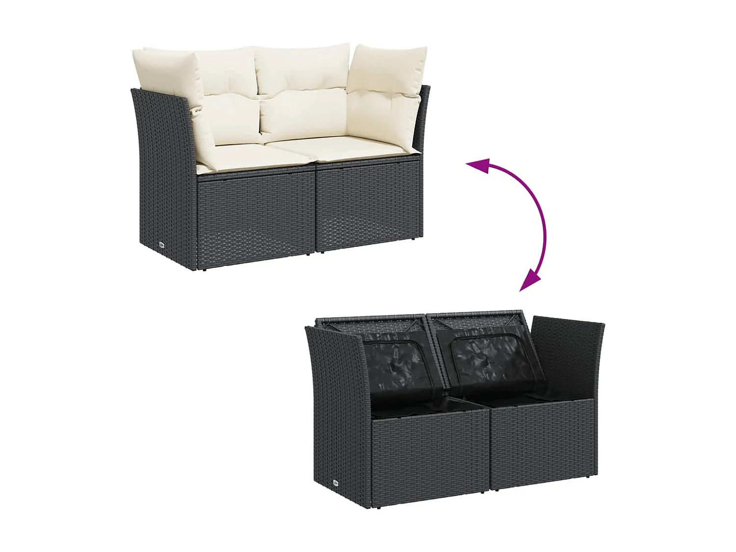 Gartensofa mit 2-Sitzer-Kissen, schwarzes Kunstharzgeflecht