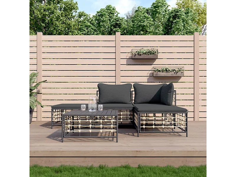Salon de jardin 5 pcs avec coussins anthracite résine tressée