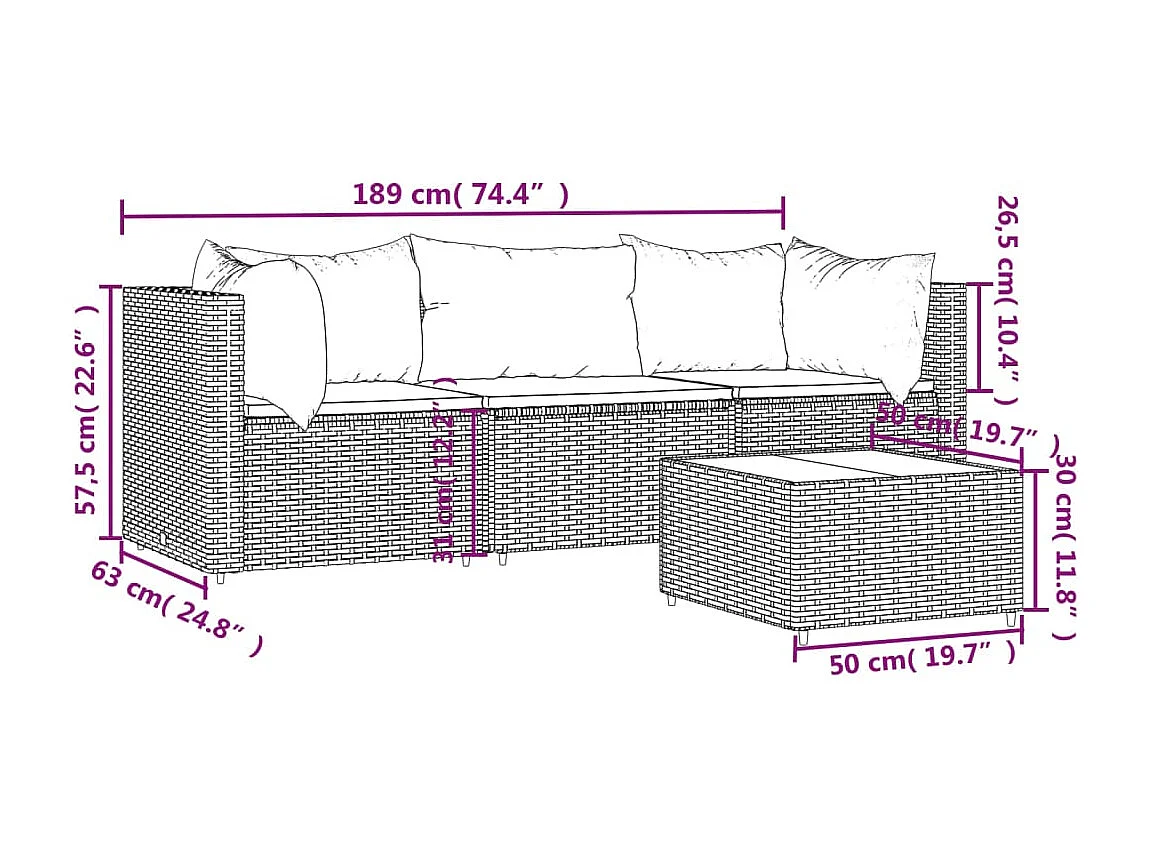 Salon de jardin 4 pcs avec coussins Noir Résine tressée
