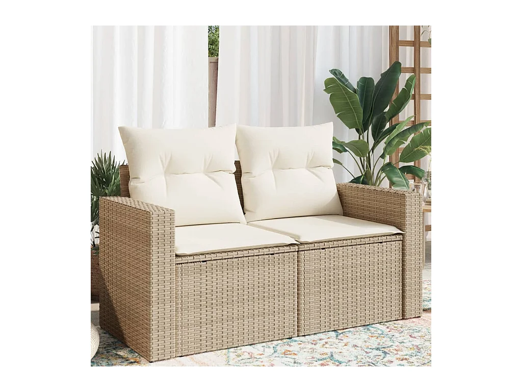 Canapé de jardin avec coussins 2 places beige résine tressée