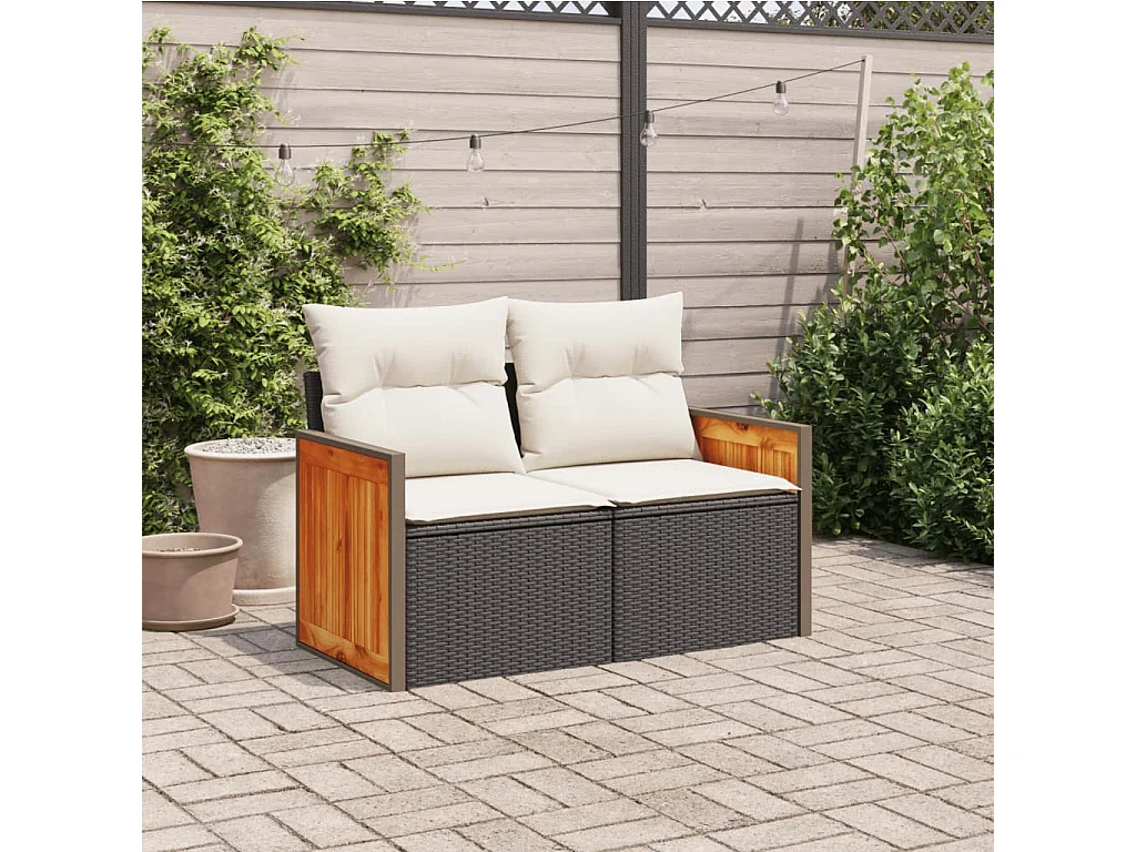 Sofá de jardín con cojines de 2 plazas, resina trenzada negro