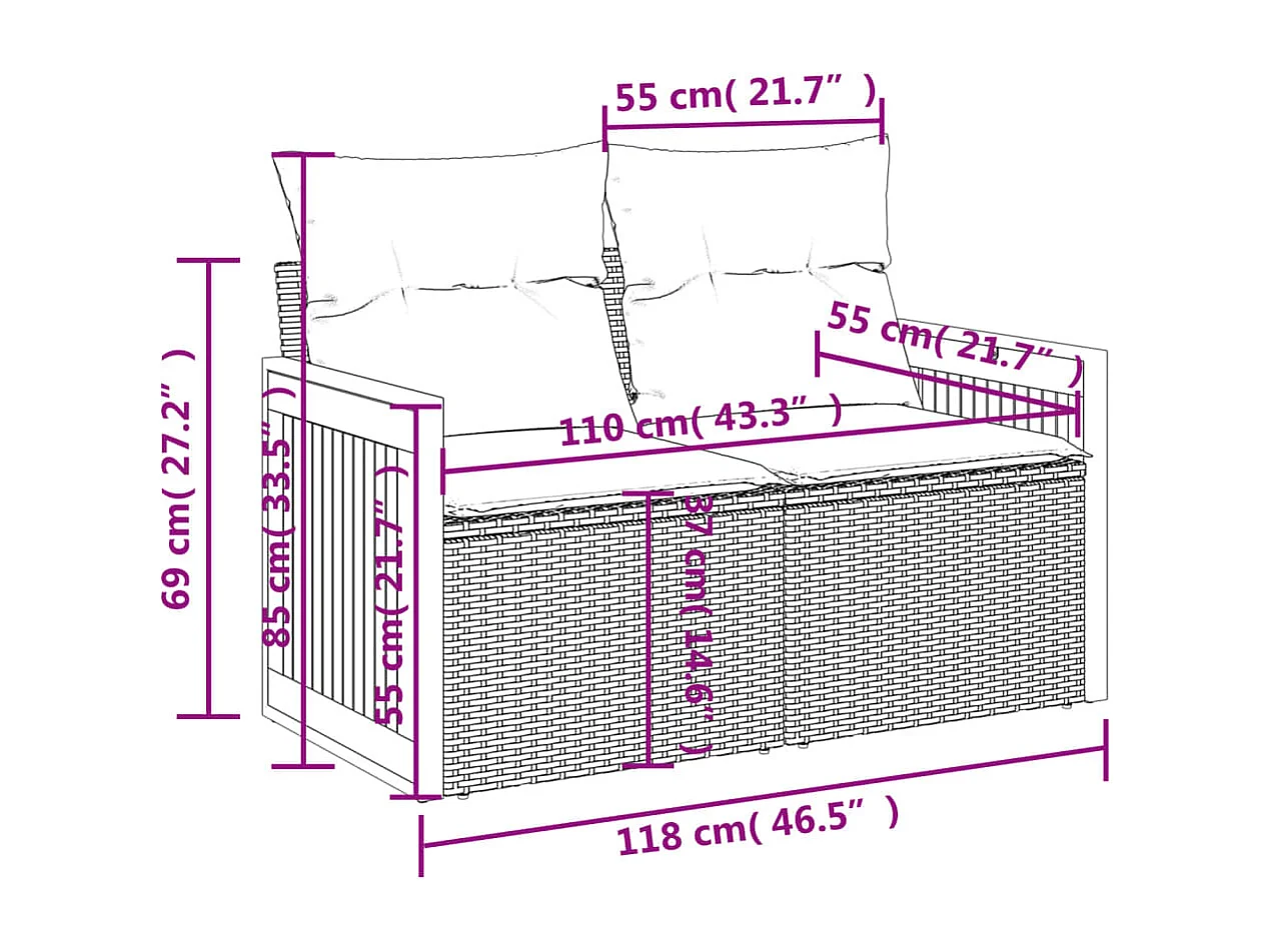 Sofá de jardín con cojines de 2 plazas, resina trenzada negro