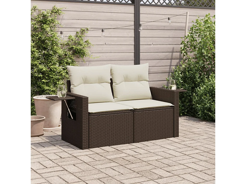 Divano da giardino con cuscini in resina intrecciata marrone a 2 posti