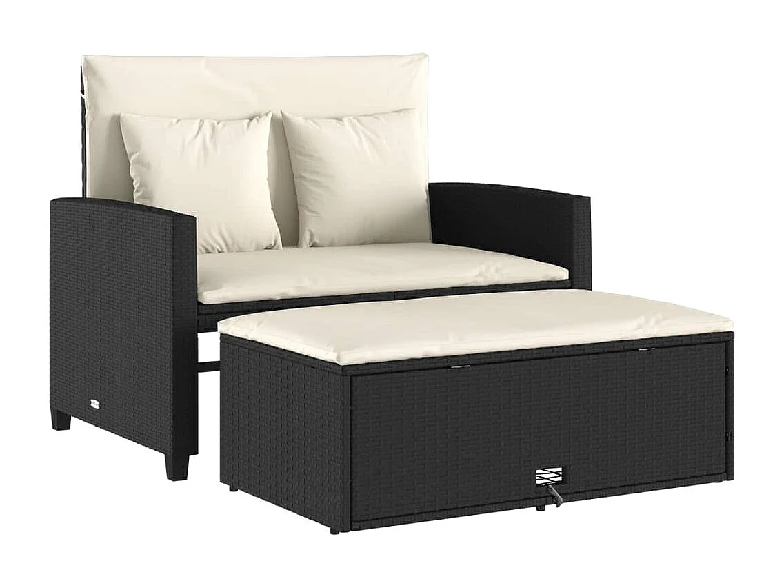 Divano da giardino con cuscini a 2 posti, resina intrecciata nera