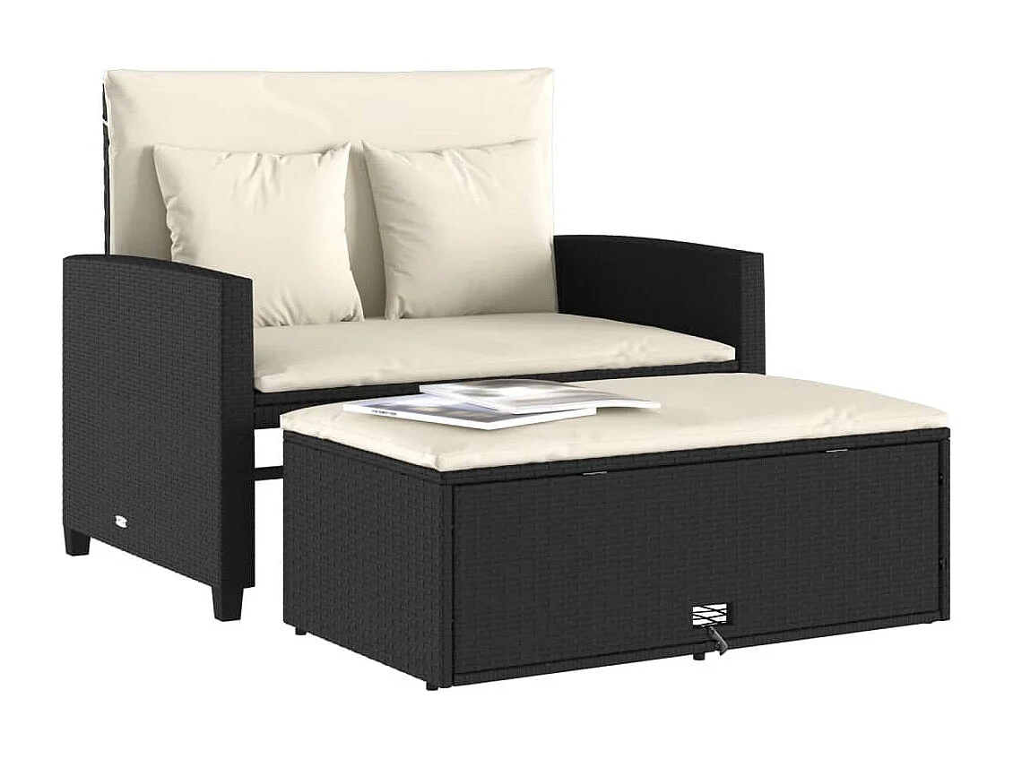 Canapé de jardin avec coussins 2 places noir résine tressée