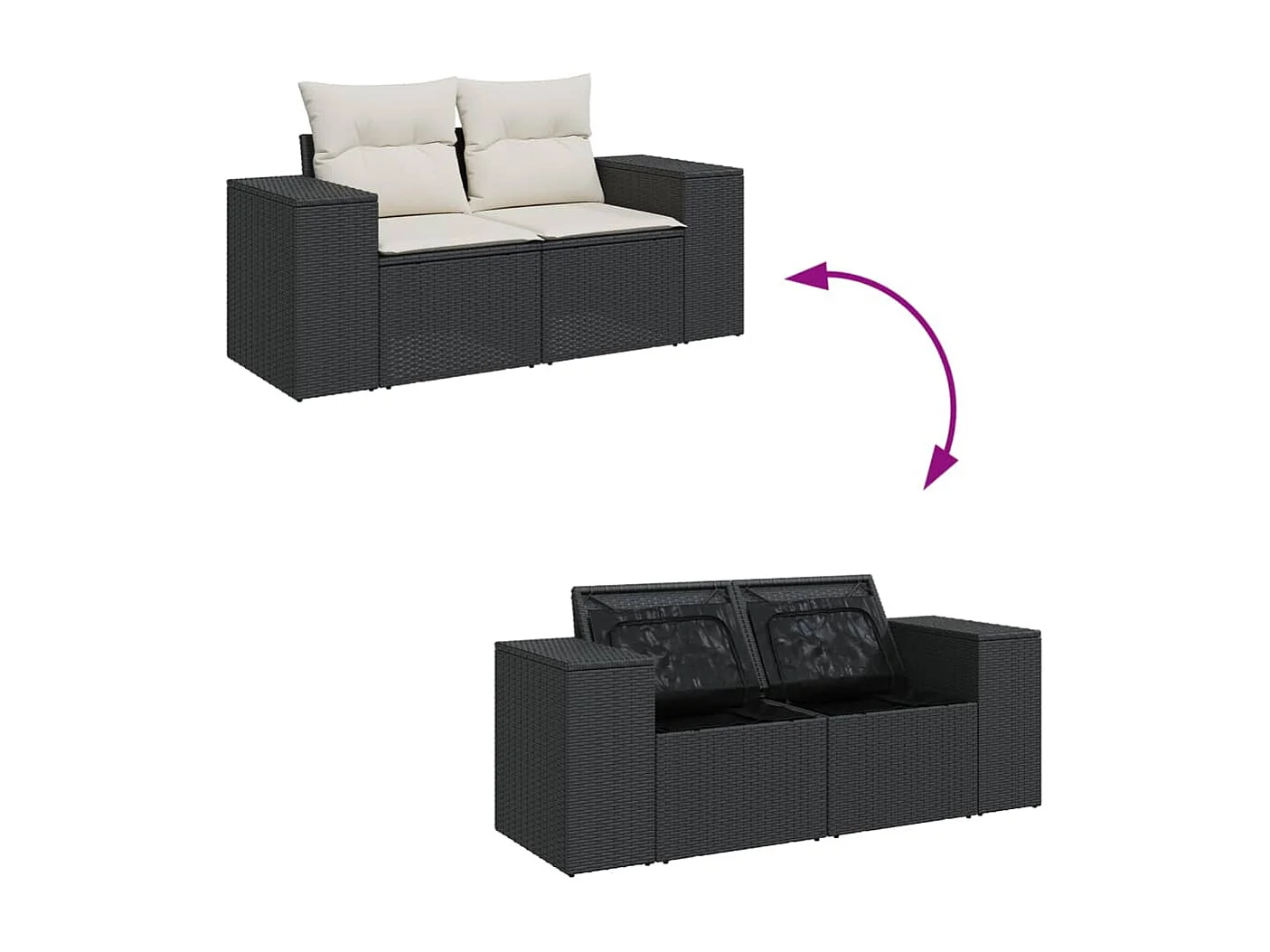 Canapé de jardin avec coussins 2 places noir résine tressée