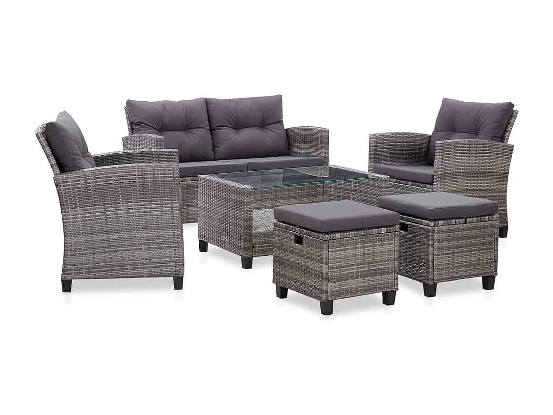 6 muebles de jardín con cojines de resina tejida gris oscuro.