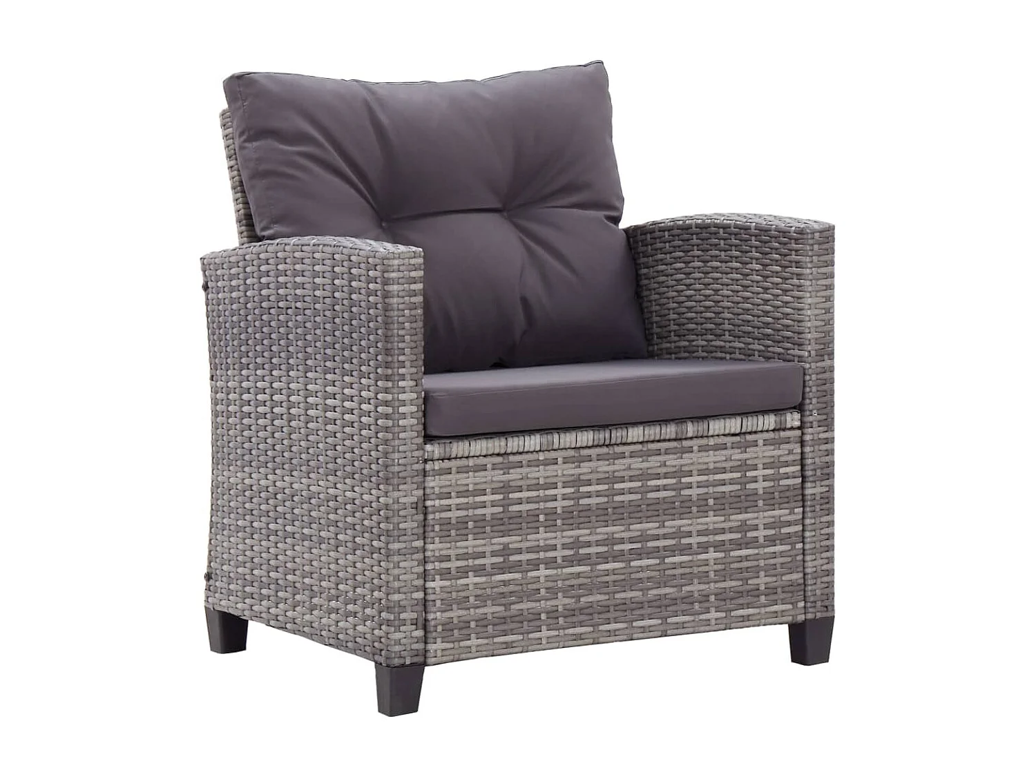 6 muebles de jardín con cojines de resina tejida gris oscuro.