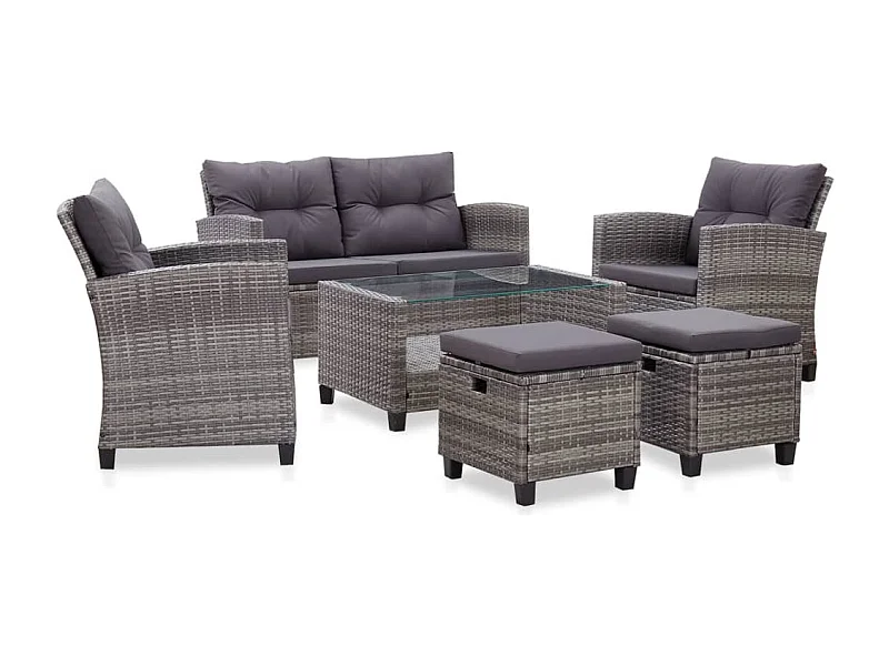 6 muebles de jardín con cojines de resina tejida gris oscuro.