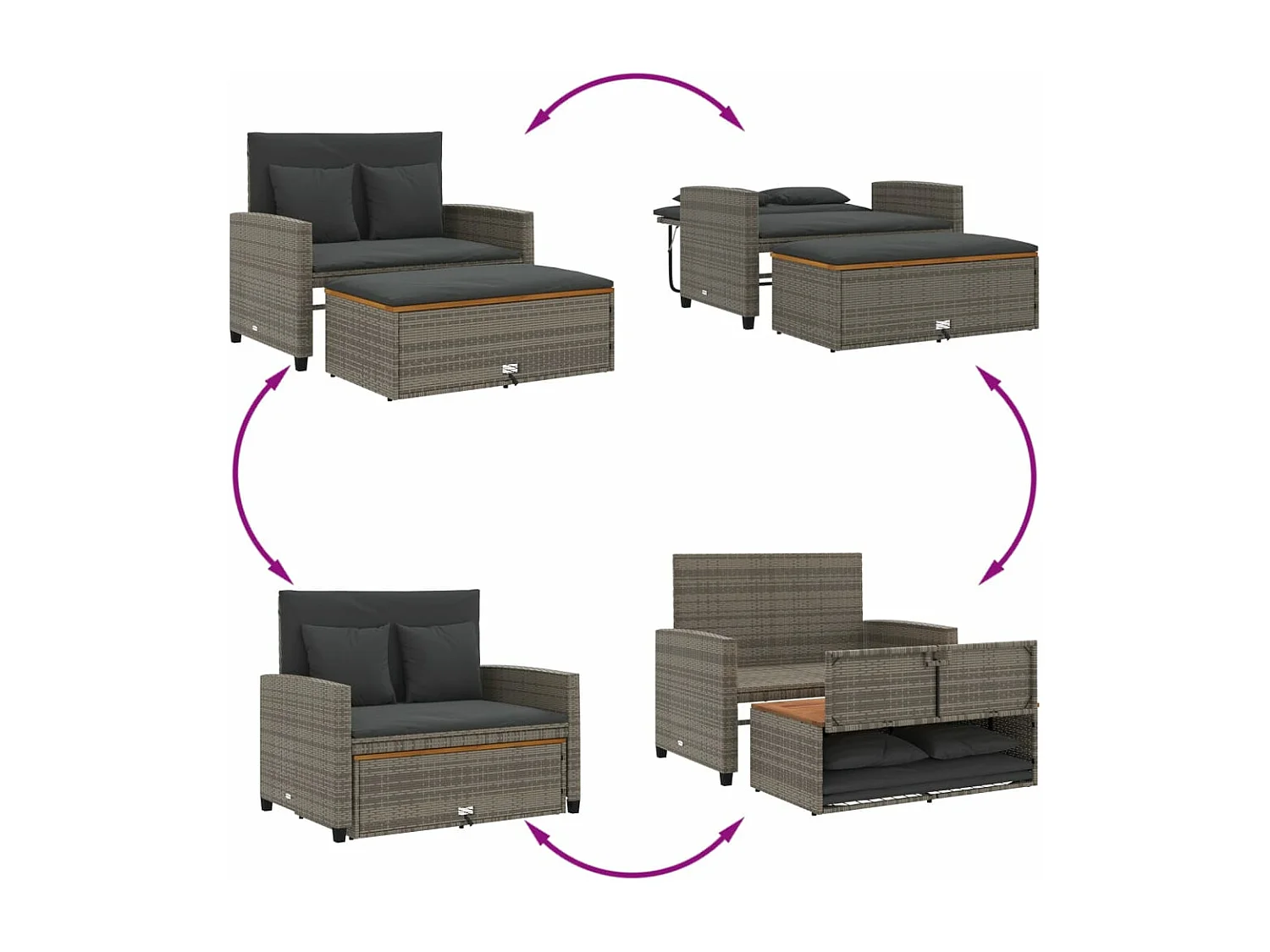 Canapé de jardin 2 places coussins gris résine tressée&acacia