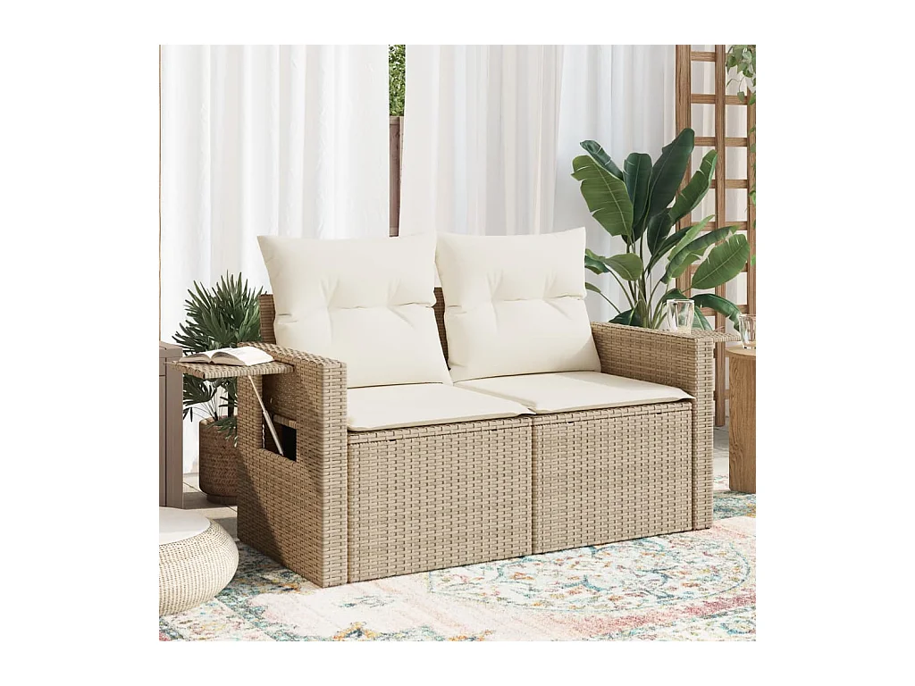 Canapé de jardin avec coussins 2 places beige résine tressée