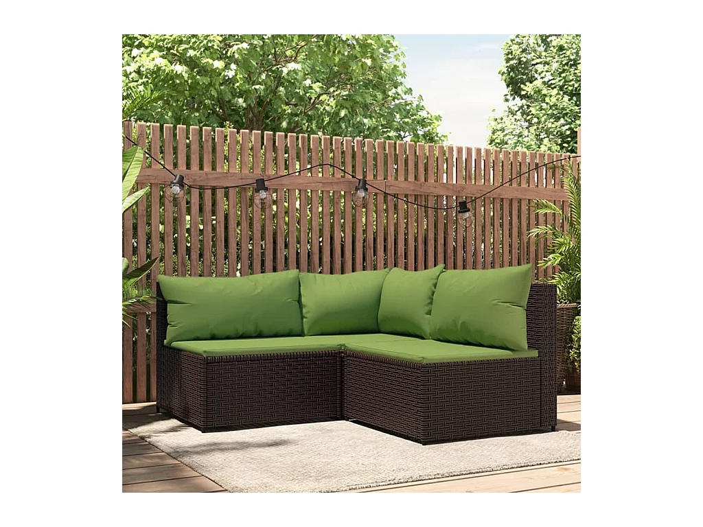 Mobili da giardino 3 pezzi con cuscini in resina intrecciata marrone