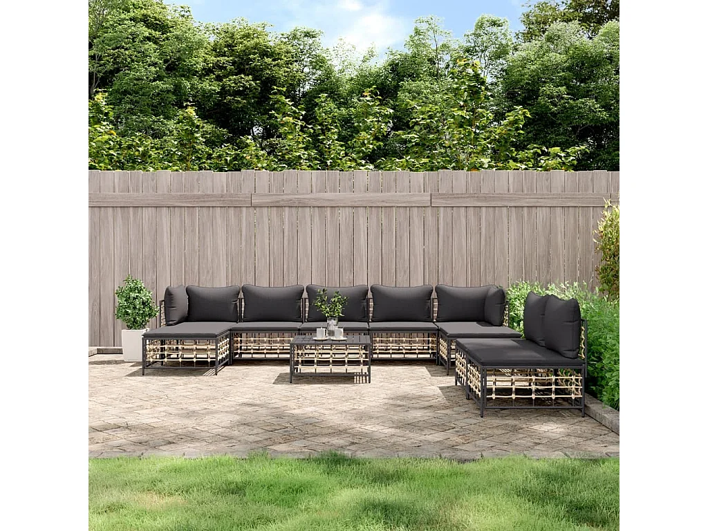 Salon de jardin 10 pcs avec coussins anthracite résine tressée