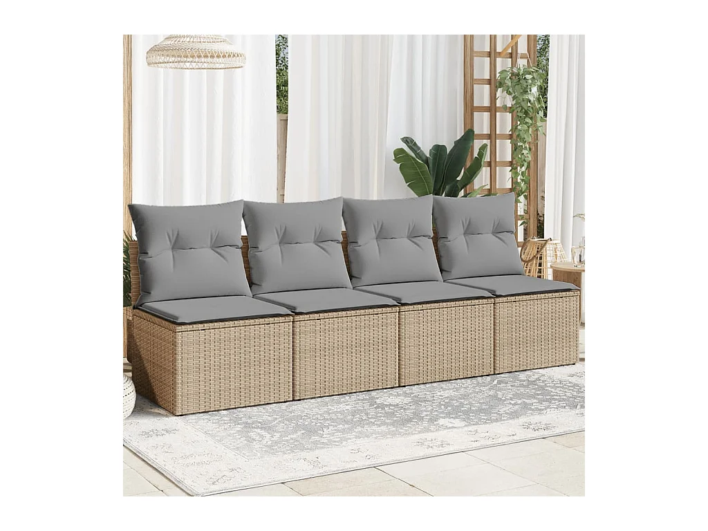 Canapé de jardin avec coussins 4 places beige résine tressée