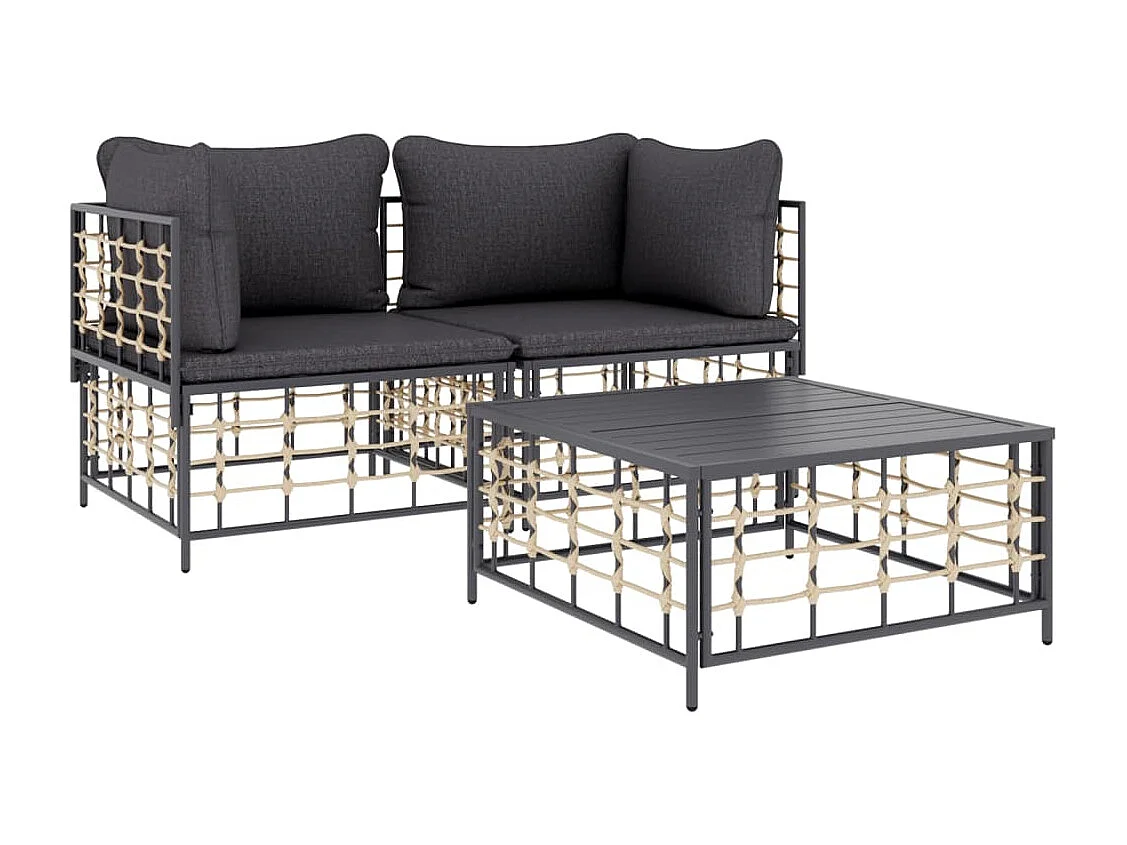 Salon de jardin 3 pcs avec coussins anthracite résine tressée