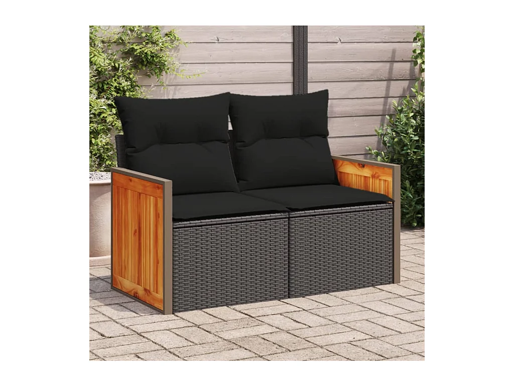 Divano da giardino con cuscini a 2 posti, resina intrecciata nera