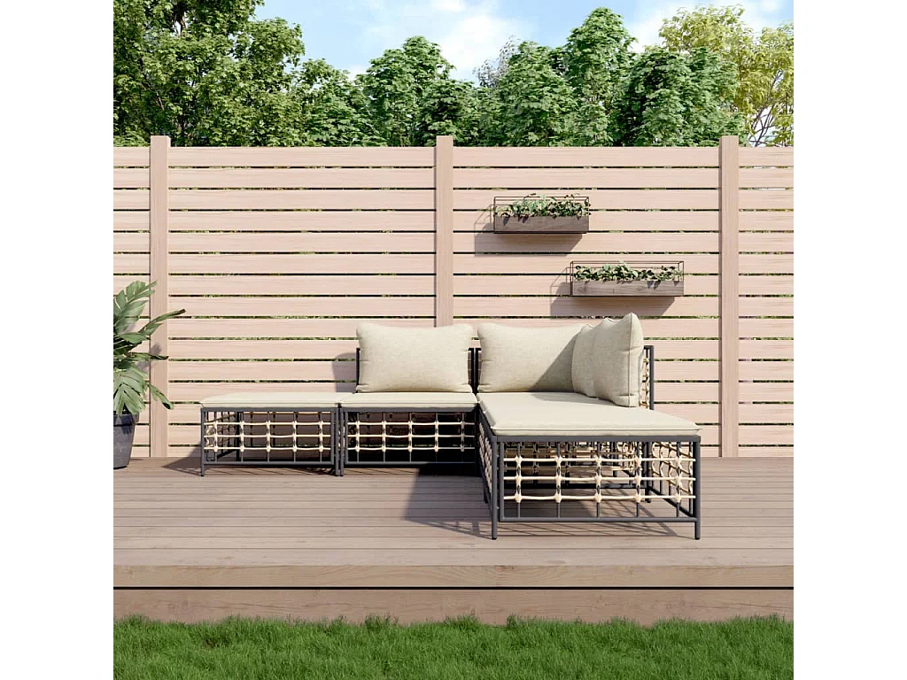 Salon de jardin 5 pcs avec coussins anthracite résine tressée