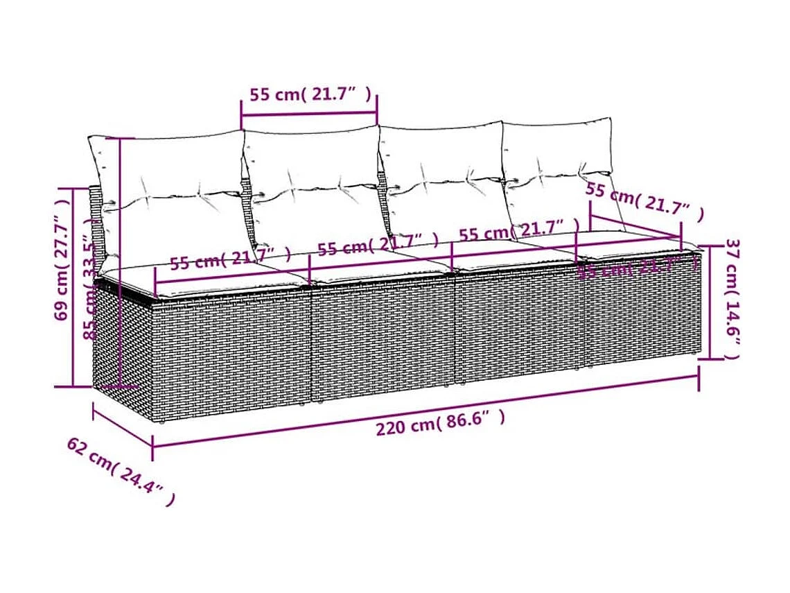 Gartensofa mit 4-Sitzer-Kissen aus braunem Kunstharzgeflecht