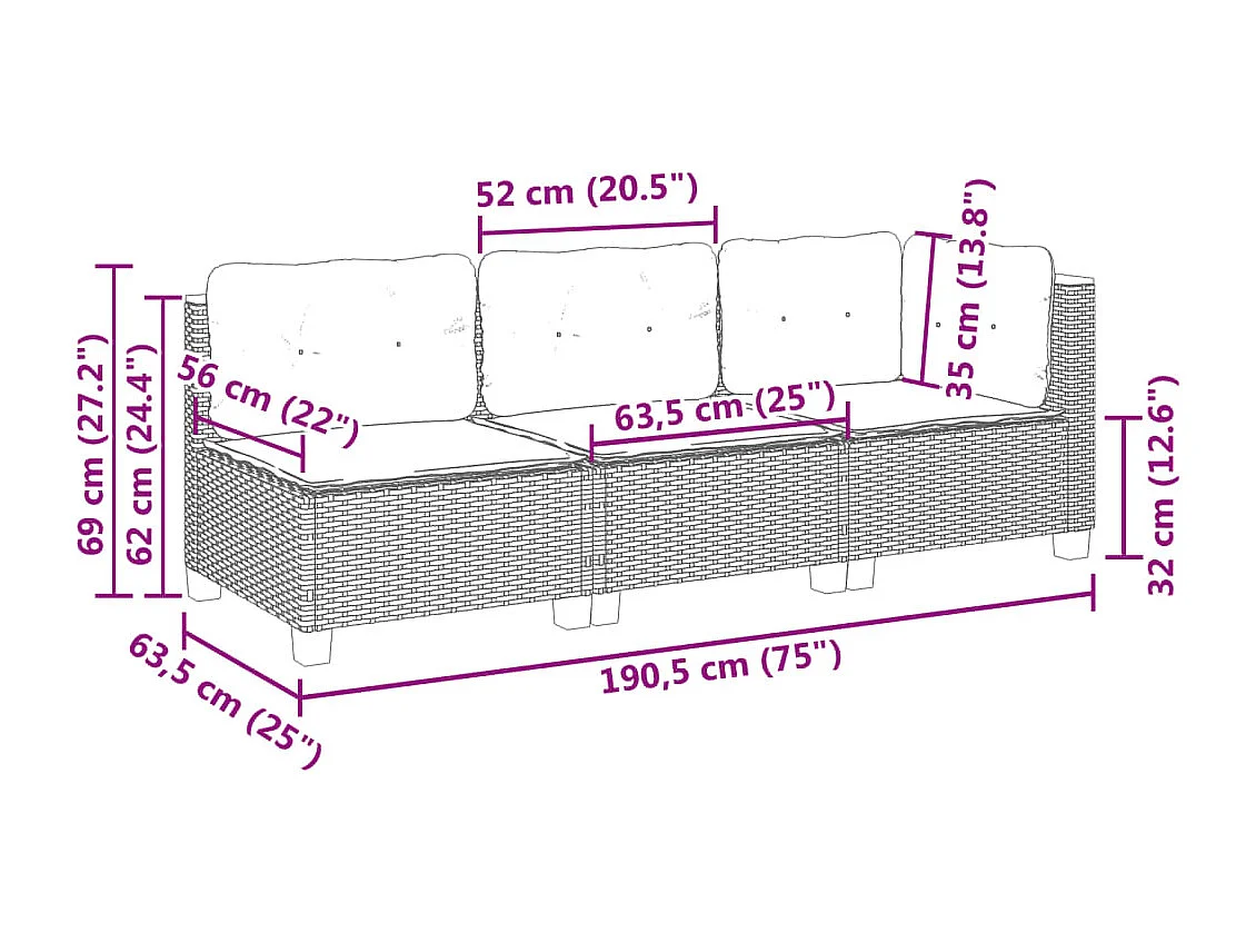 Gartensofa mit 3-Sitzer-Kissen aus grauem Kunstharzgeflecht