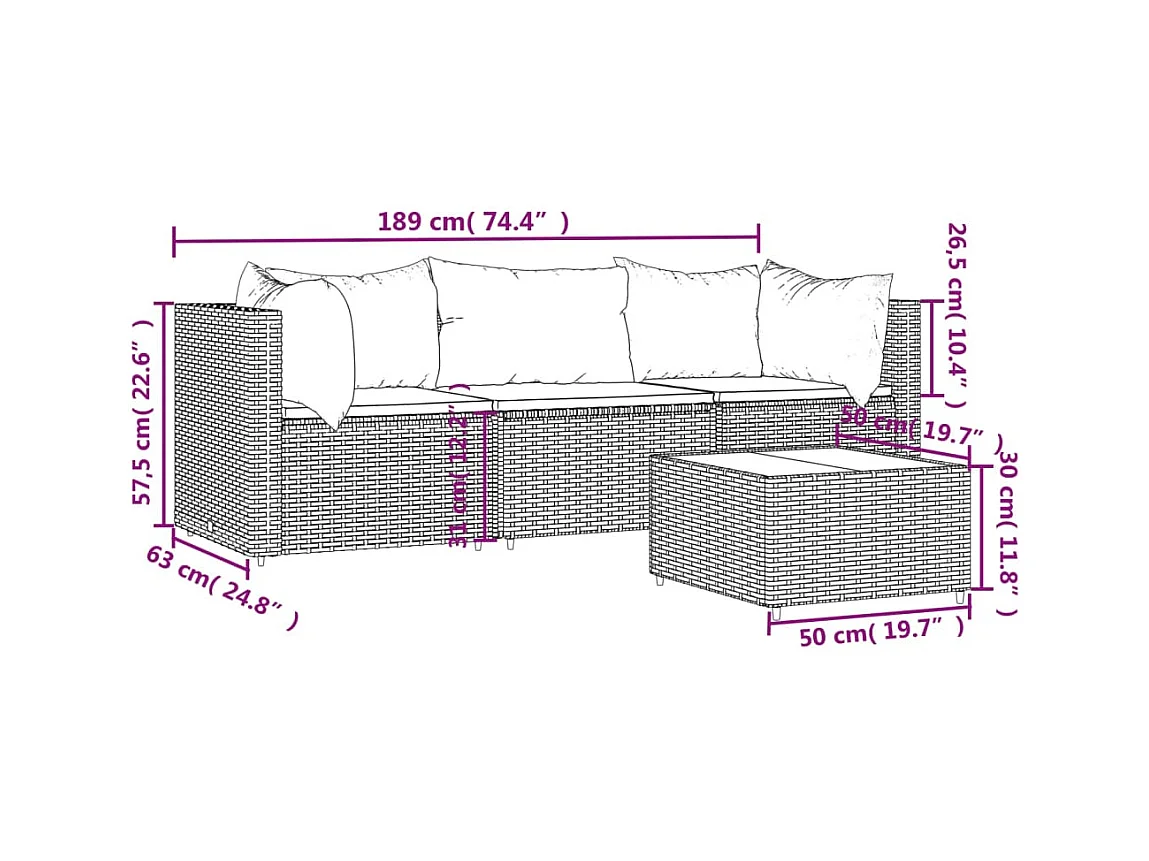 Salon de jardin 4 pcs avec coussins Gris Résine tressée