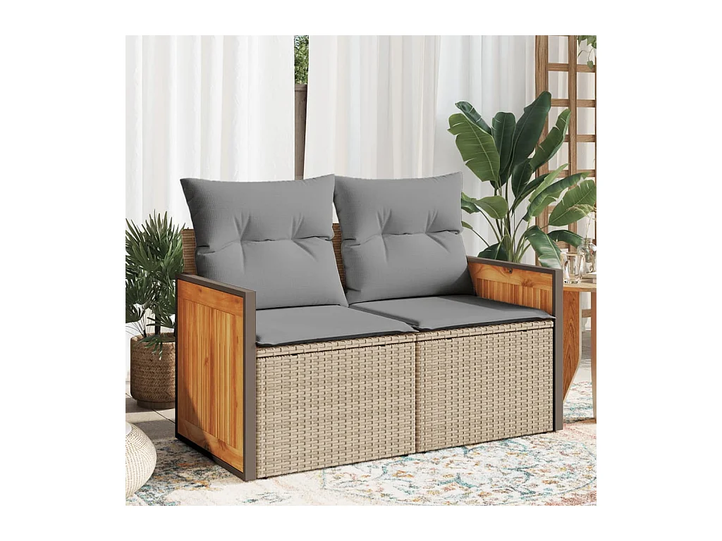 Canapé de jardin avec coussins 2 places beige résine tressée