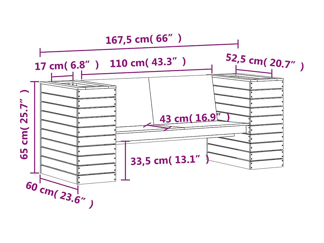 Panca con fioriere in cera marrone 167,5x60x65 cm in legno di pino massiccio