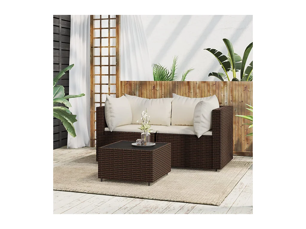 Mobili da giardino 3 pezzi con cuscini in resina intrecciata marrone
