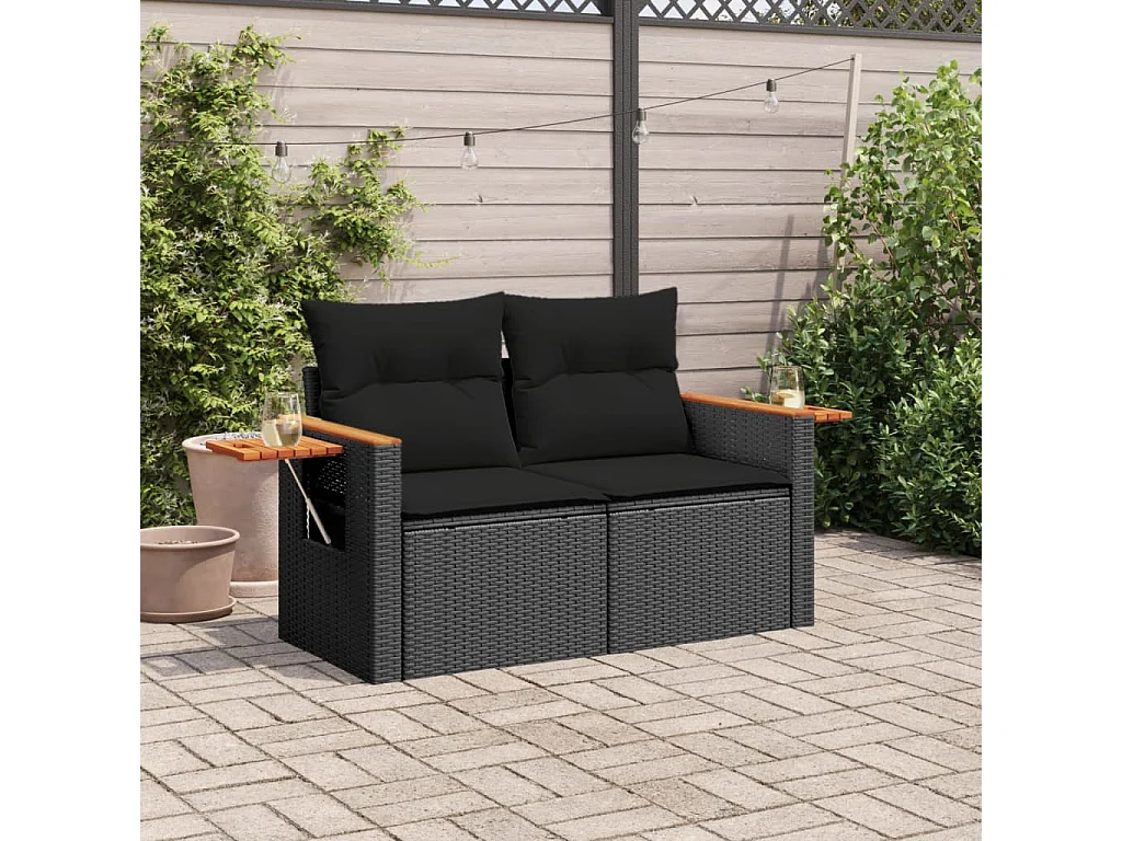 Canapé de jardin avec coussins 2 places noir résine tressée