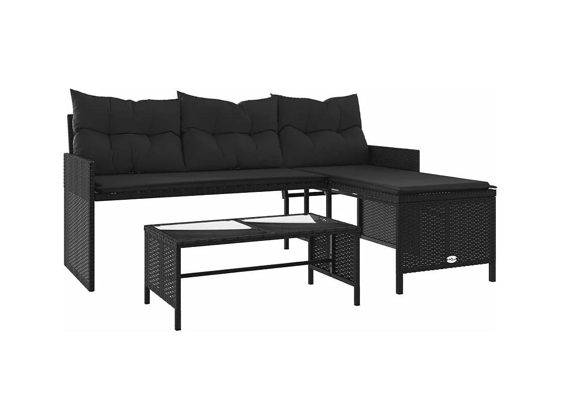 Tuinbank met tafel en zwarte L-vormige kussens