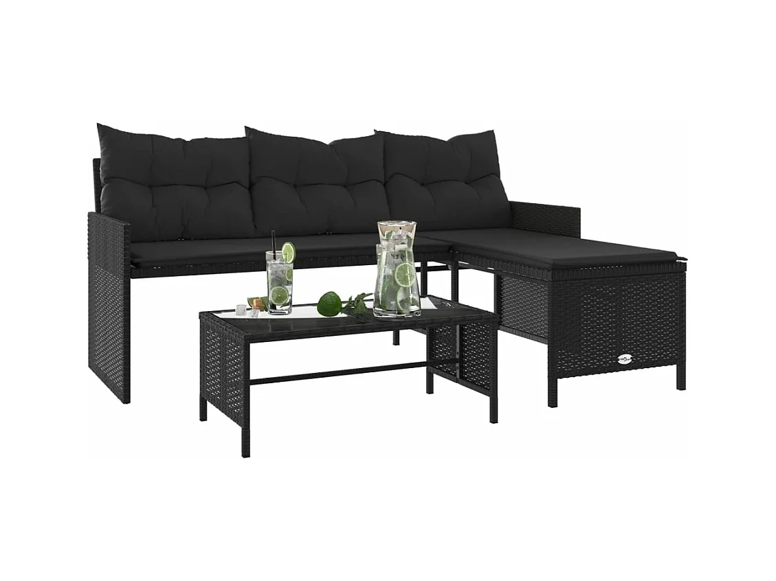 Tuinbank met tafel en zwarte L-vormige kussens