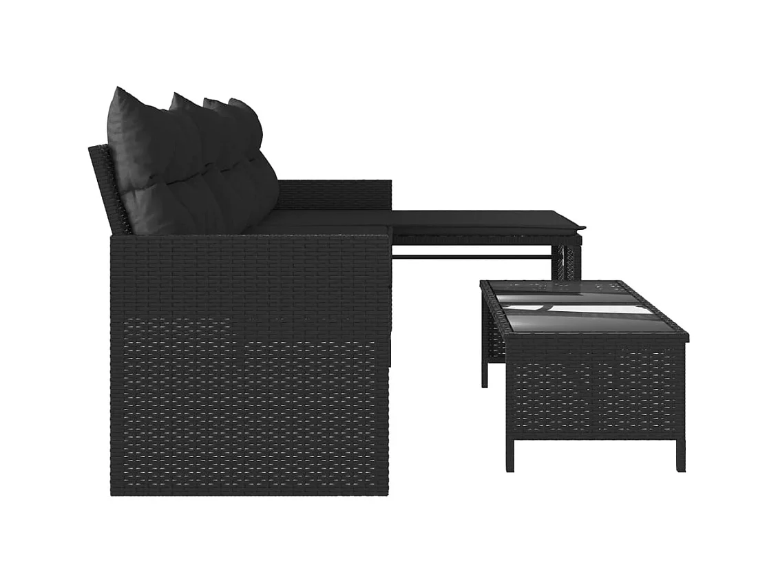 Tuinbank met tafel en zwarte L-vormige kussens