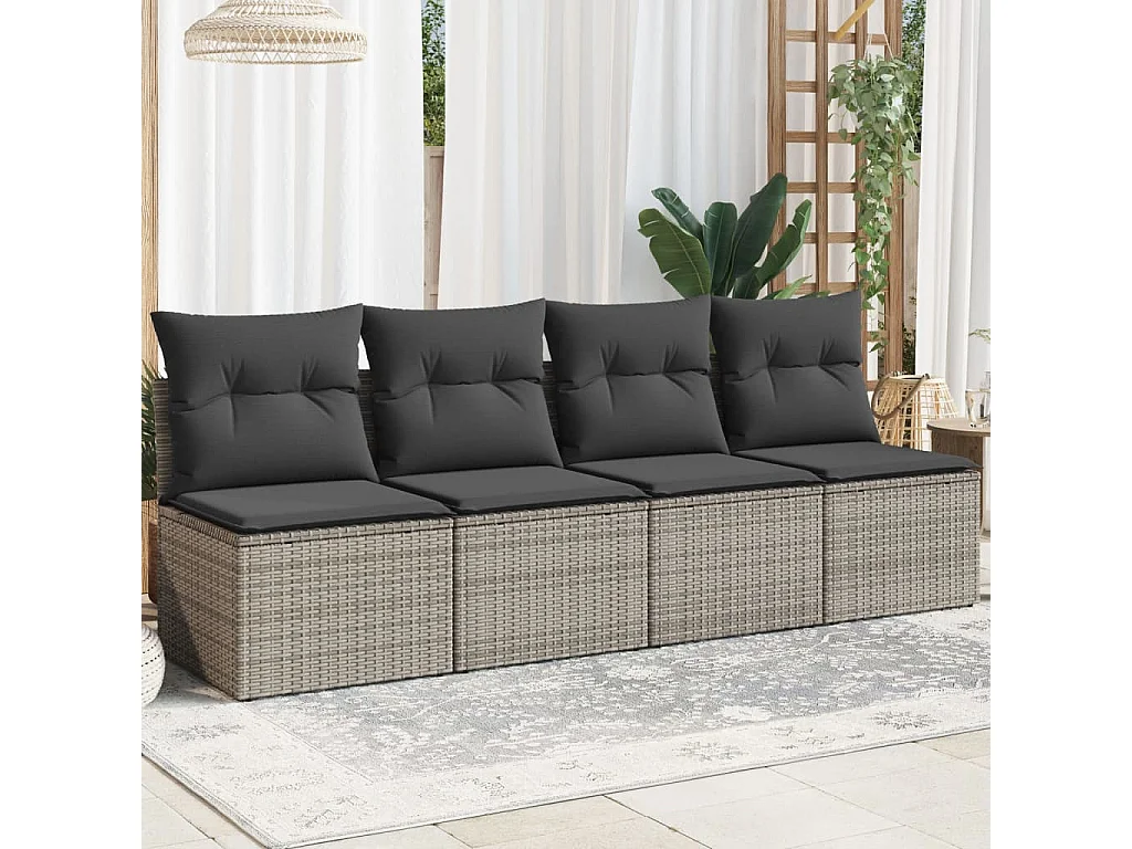Canapé de jardin 4 places avec coussins gris résine tressée