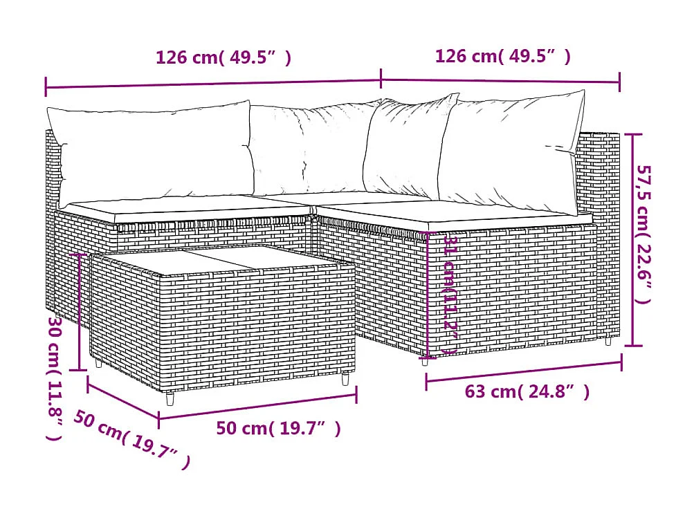 Salon de jardin 4 pcs avec coussins Gris Résine tressée