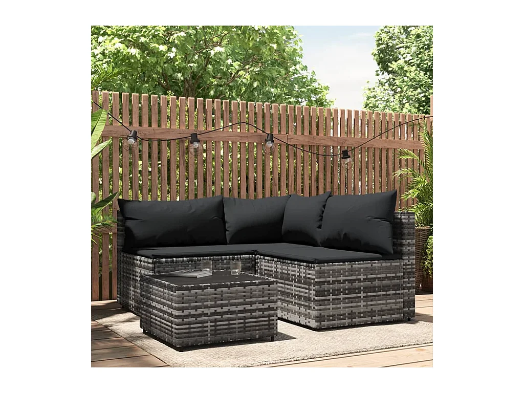 Mobili da giardino 4 pezzi con cuscini grigi Vimini in resina