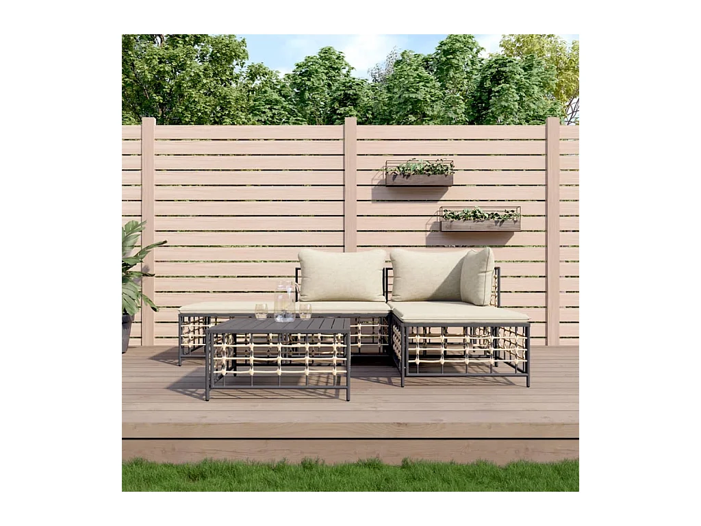 Salon de jardin 5 pcs avec coussins anthracite résine tressée