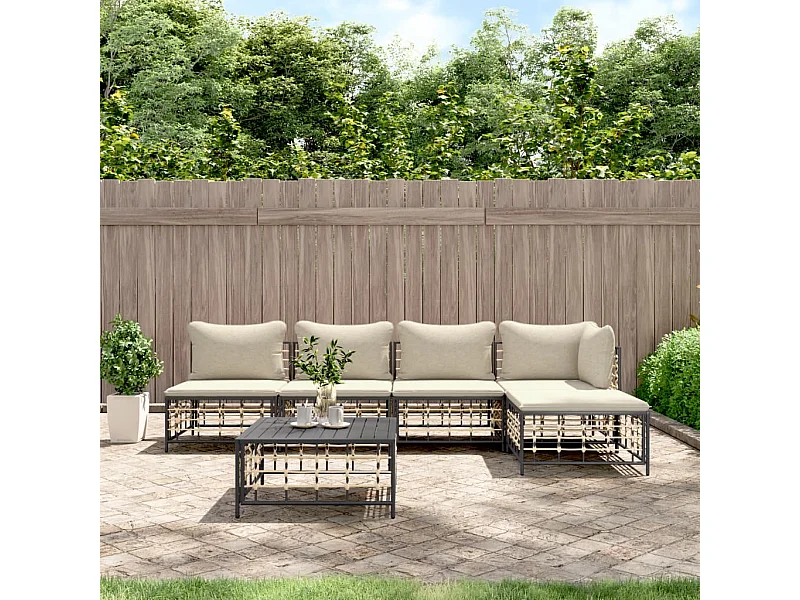 Salon de jardin 6 pcs avec coussins anthracite résine tressée