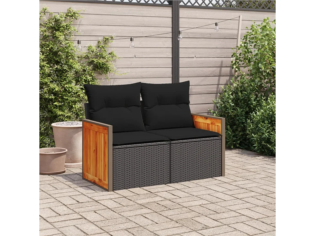 Gartensofa mit 2-Sitzer-Kissen, schwarzes Kunstharzgeflecht